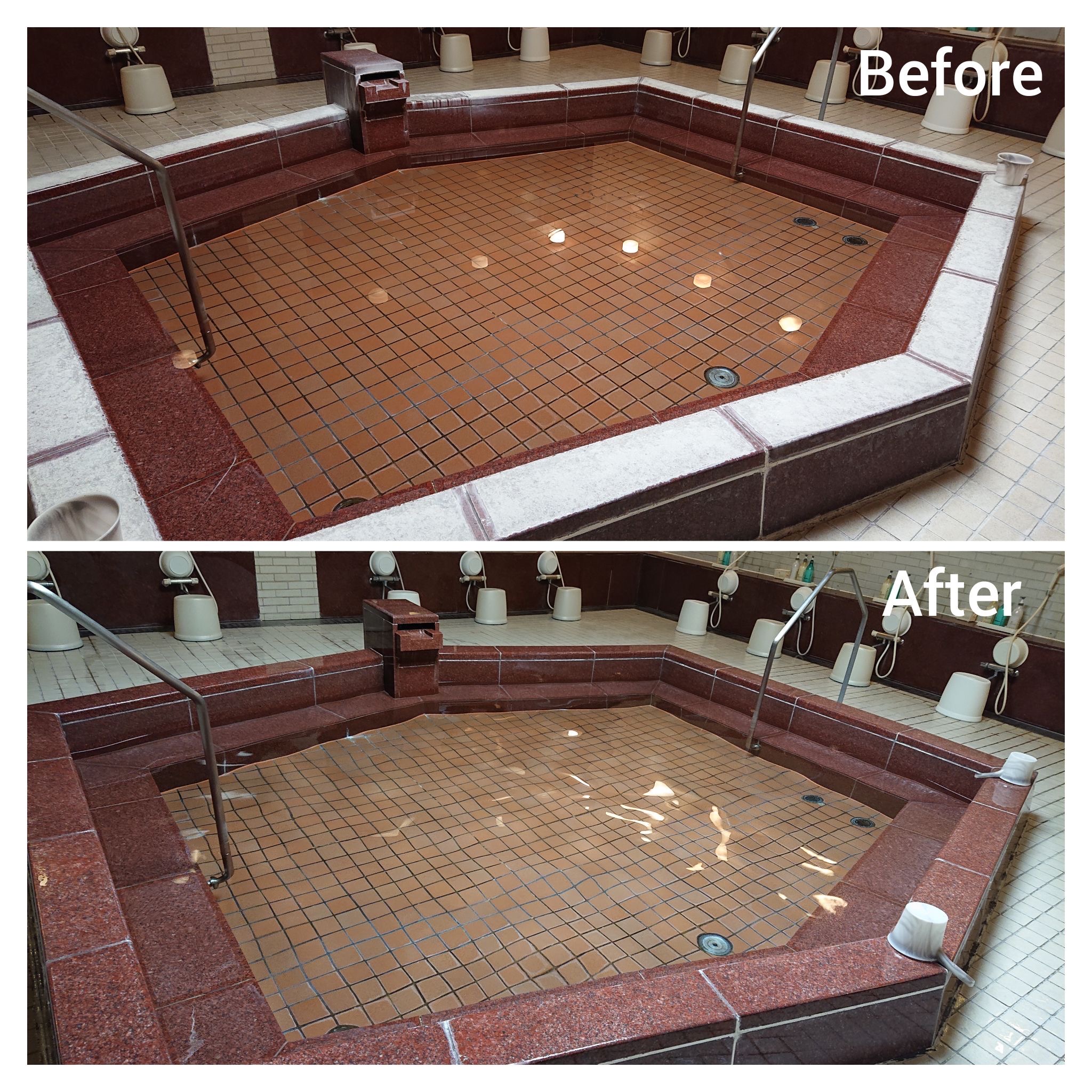 大浴場の石材清掃 ビフォーアフター